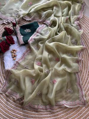 parrot green chiffon saree with embroidery border 4