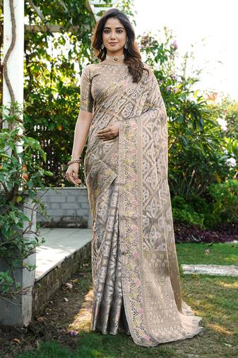 Grey organza silk bandhani patola weaves saree with matching blouse piece