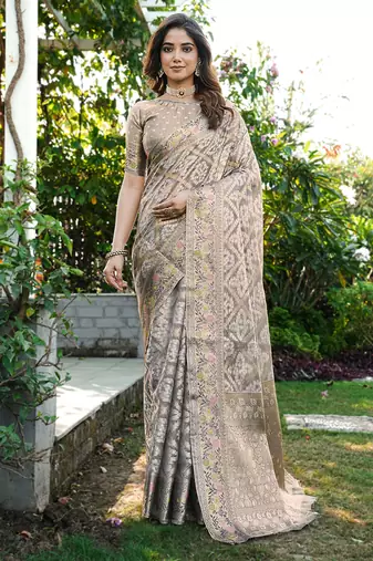 Grey organza silk bandhani patola weaves saree with matching blouse piece
