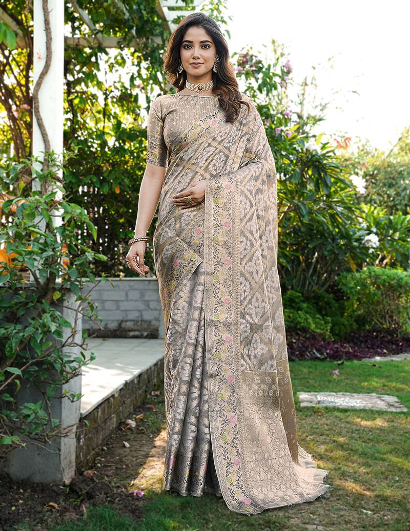 Grey organza silk bandhani patola weaves saree with matching blouse piece