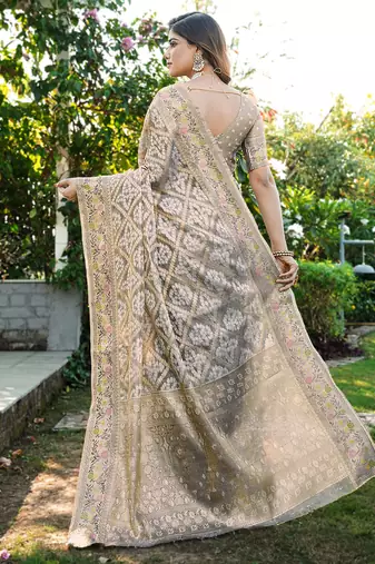 grey organza silk saree with heavy zari detailing