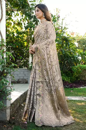 grey organza silk saree with heavy zari detailing