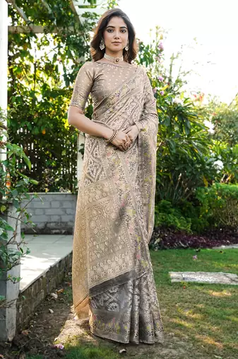grey organza silk saree with heavy zari detailing