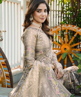 grey organza silk saree with heavy zari detailing 5