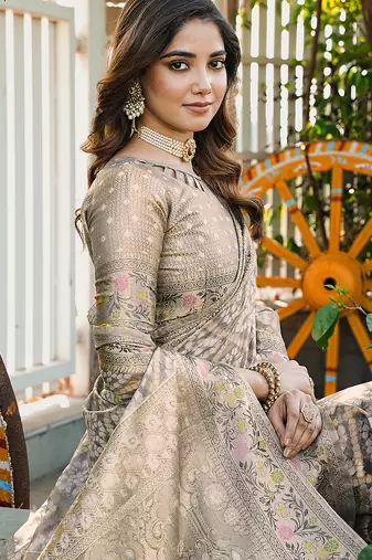 grey organza silk saree with heavy zari detailing