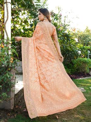 peach organza silk saree with heavy zari detailing 2