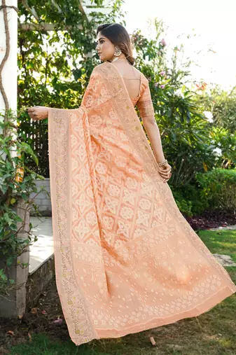 peach organza silk saree with heavy zari detailing