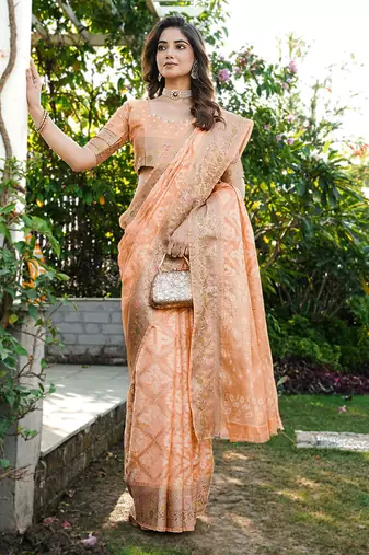 peach organza silk saree with heavy zari detailing