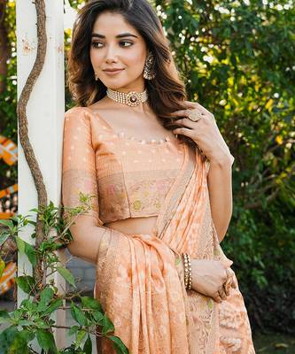 peach organza silk saree with heavy zari detailing 5