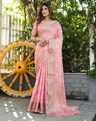 pink organza silk saree with bandhani patola weaves 1
