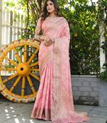 pink organza silk saree with bandhani patola weaves