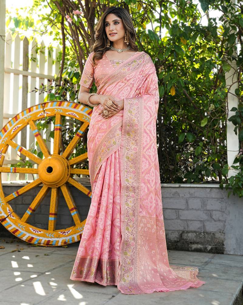 Pink organza silk bandhani patola weaves saree with matching blouse piece