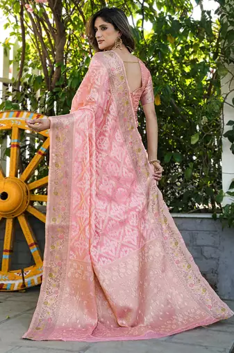pink organza silk saree with bandhani patola weaves