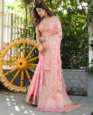 pink organza silk saree with bandhani patola weaves 3
