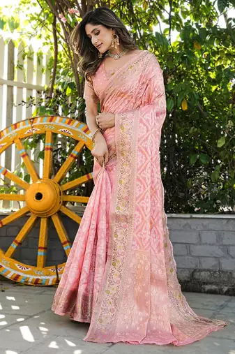 pink organza silk saree with bandhani patola weaves