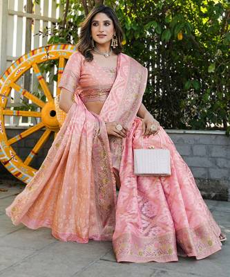 pink organza silk saree with bandhani patola weaves 4