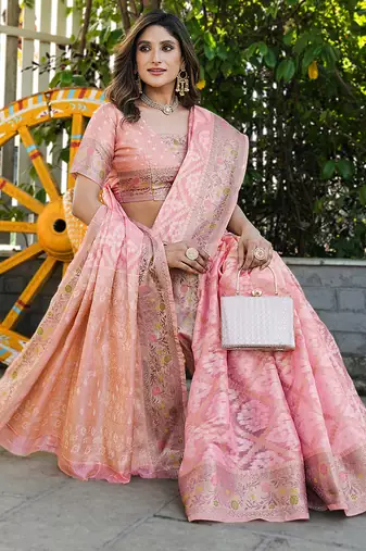 pink organza silk saree with bandhani patola weaves