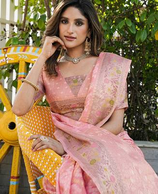 pink organza silk saree with bandhani patola weaves 5