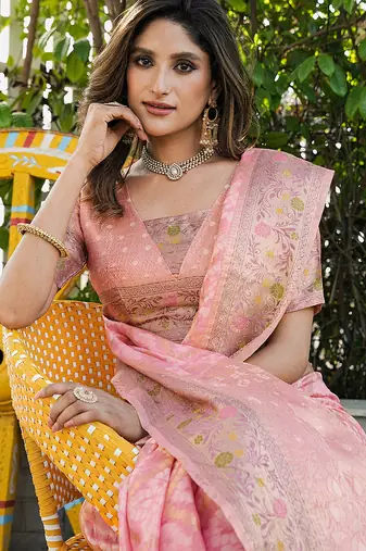 pink organza silk saree with bandhani patola weaves