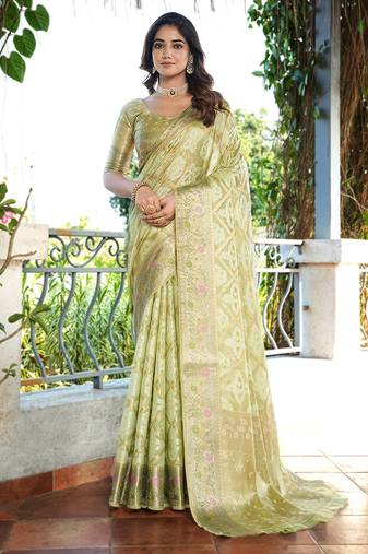 Green organza silk bandhani patola weaves saree with matching blouse piece
