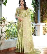 green organza silk saree with bandhani patola weaves