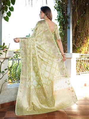green organza silk saree with bandhani patola weaves 2