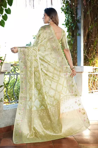 green organza silk saree with bandhani patola weaves