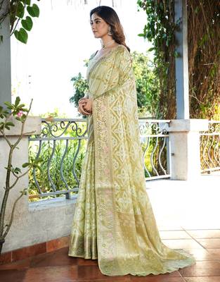 green organza silk saree with bandhani patola weaves 3