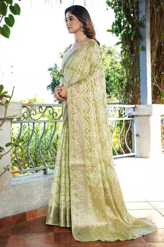 green organza silk saree with bandhani patola weaves