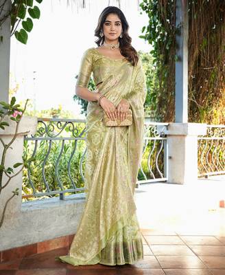 green organza silk saree with bandhani patola weaves 4