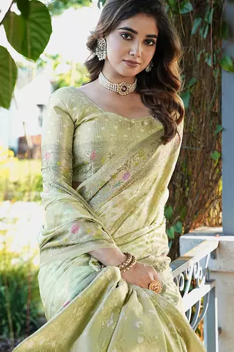 green organza silk saree with bandhani patola weaves