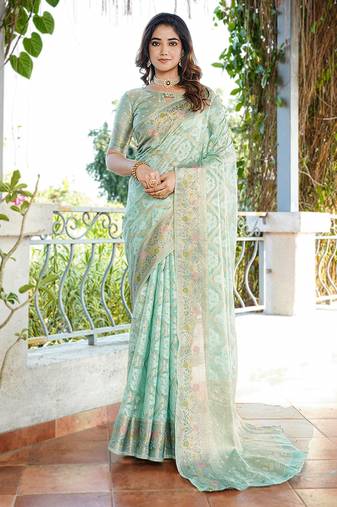 Sea green organza silk bandhani patola weaves saree with matching blouse piece