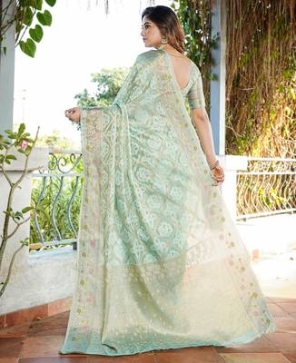 sea green organza silk saree with bandhani patola weaves 2