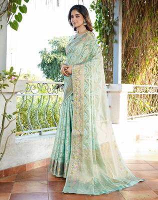 sea green organza silk saree with bandhani patola weaves 3