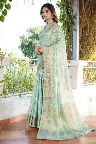 sea green organza silk saree with bandhani patola weaves