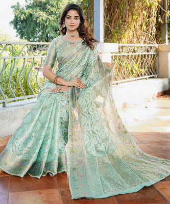 sea green organza silk saree with bandhani patola weaves 4