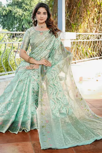 sea green organza silk saree with bandhani patola weaves