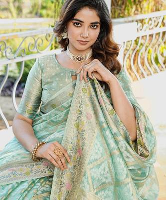 sea green organza silk saree with bandhani patola weaves 5
