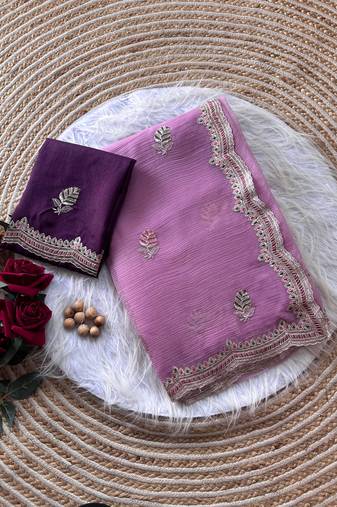 Pink color Embroidery and detailed border work chiffon saree