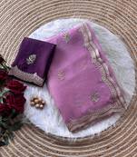 Pink color Embroidery and detailed border work chiffon saree