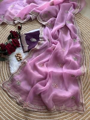 pink chiffon saree with embroidery and detailed border 2