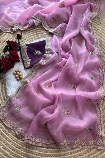 pink chiffon saree with embroidery and detailed border