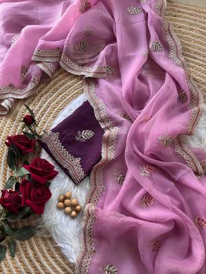 pink chiffon saree with embroidery and detailed border 3