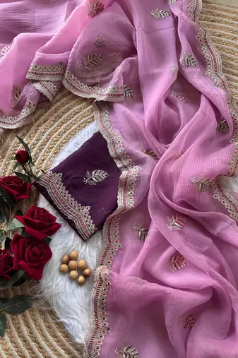 pink chiffon saree with embroidery and detailed border