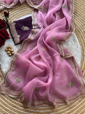 pink chiffon saree with embroidery and detailed border 4
