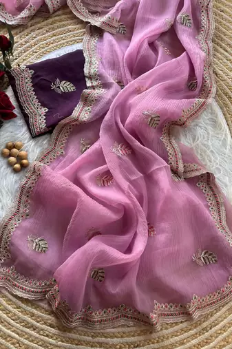 pink chiffon saree with embroidery and detailed border
