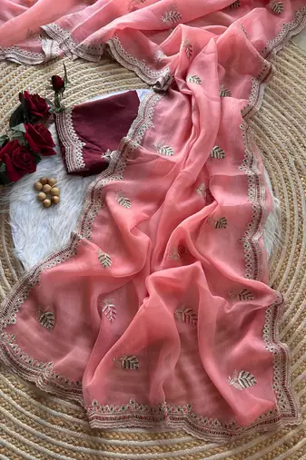 Peach color Embroidery and detailed border work chiffon saree