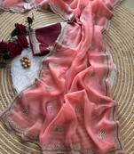 Peach color Embroidery and detailed border work chiffon saree
