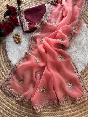 peach chiffon saree with embroidery and detailed border 2