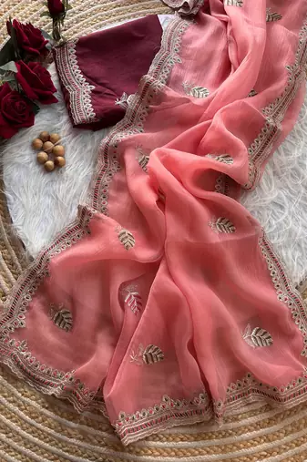 peach chiffon saree with embroidery and detailed border